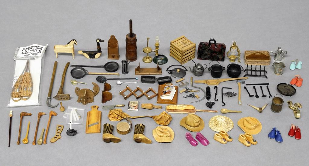 Assortment of Dollhouse Accessories,: Nice selection of dollhouse accessories, some artist signed, Bearly Big Enough goose decoy and toy horse, Dukenar egg crate, fireplace grate, gravity lamp, pewter kettles, molds, man on the moon shelf
