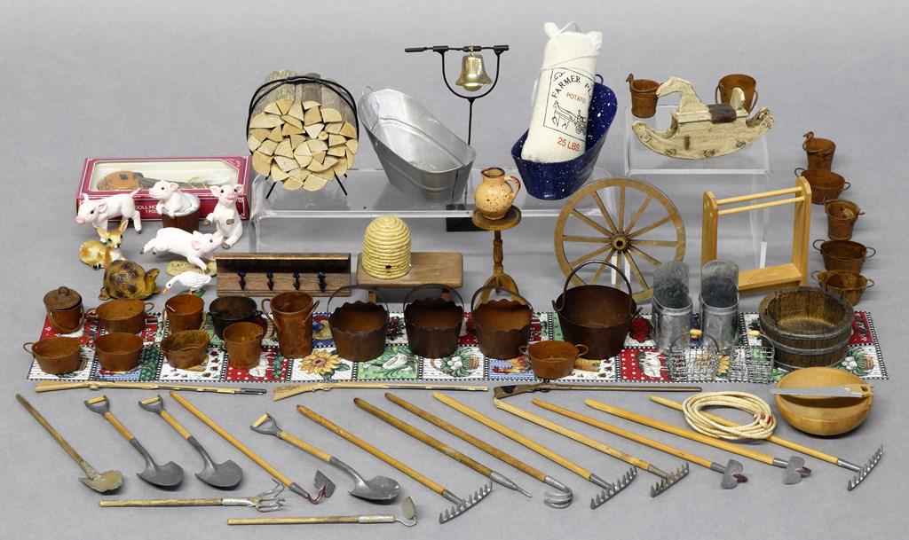 Dollhouse Country Accessories: Folky rocking horse by The Lonestar Workshop, Tom Thumb coat rack & Bee Hive, garden tools, tub, farm animals, firewood, sack, wire baskets, tools, candle stand, school bell, metal buckets, pails and