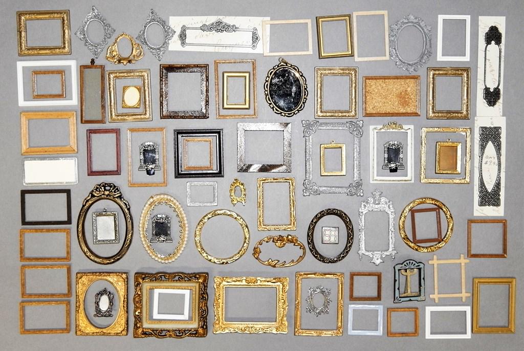 Dollhouse Picture Frames: Large group of dollhouse frames in various sizes and styles, materials include wood, metal and resin