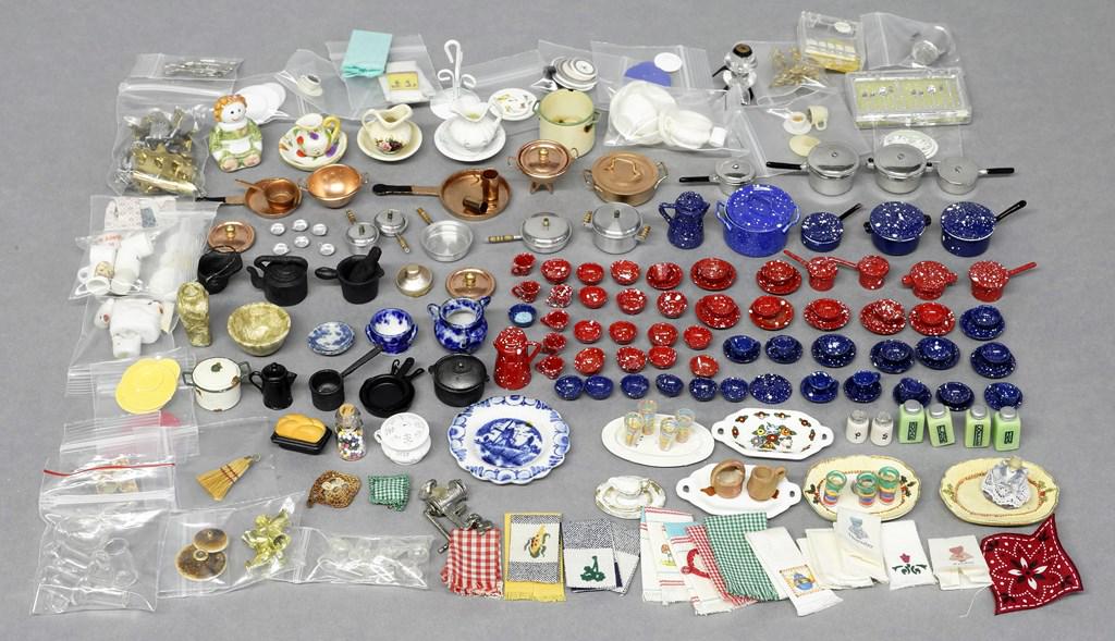 Large Grouping of Dollhouse Kitchen Accessories: Includes granite ware cups, plates, pots and pans, metal cookware including pots, pans, molds, flatware, artist signed sponge ware, Delft charger, glassware etc.