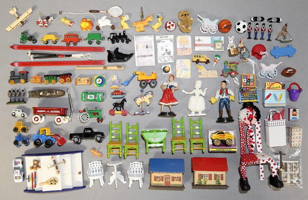 Large Assortment of Dollhouse Toys: Dollhouse sized toy cars, trains, boats, games, pull toys, tractors, heavy equipment, planes, skis, sports equipment, small German houses, carry bags, plastic and metal child sized furniture, lead sol