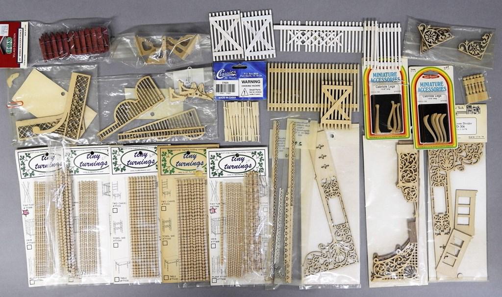 Dollhouse Building Supplies: Packs of new unopened laser cut wood trim, room dividers, doorway arches etc., wood turnings, corbels, wood cabriole leg kits, various styles of fencing in wood and plastic, plastic bags filled with v