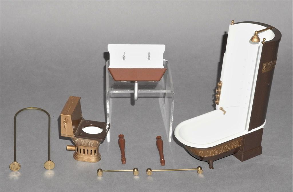 Handcraft Design Dollhouse Bath Fixtures: Nice detailed cast metal Victorian style bathroom fixtures, shower/tub 6.5"H, sink and lavatory