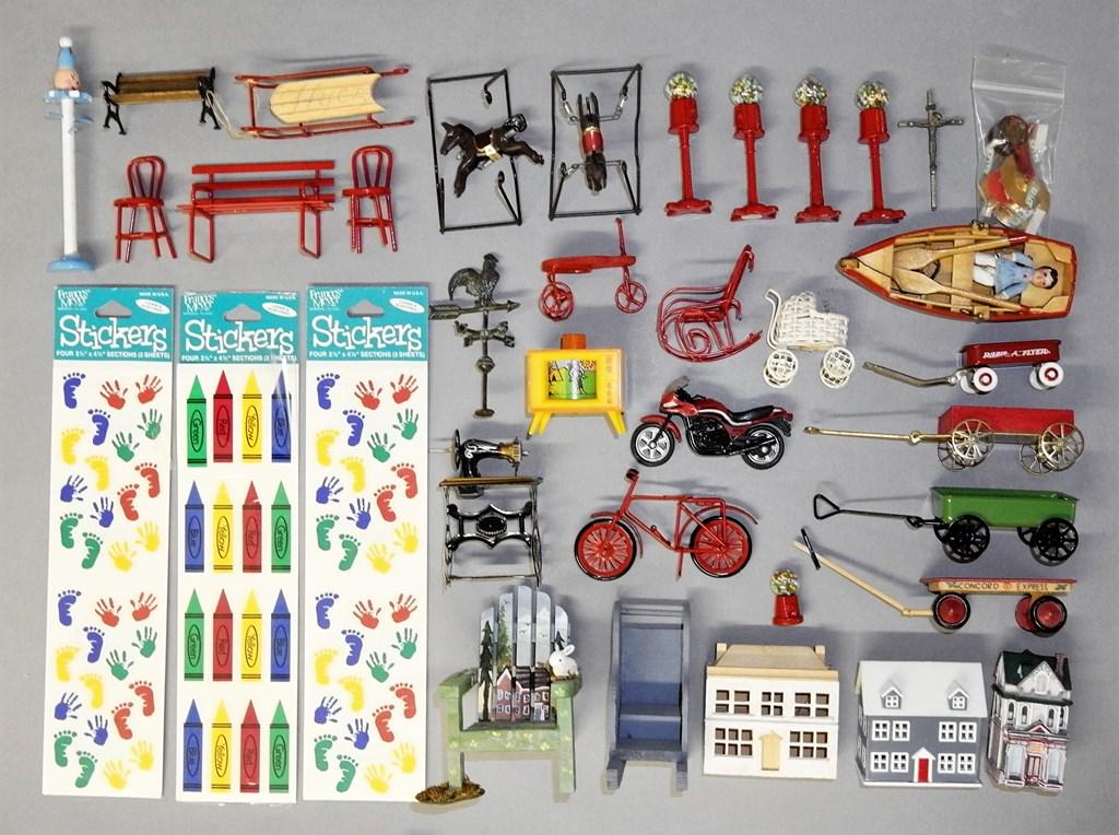 Dollhouse Toys & Outdoor Accessories: Wood and tin wagons, wood row boat 4.5"L, sled, baby carriage, tricycle, rocking horses, outdoor chairs and bench, drum set, plastic and resin houses, bicycle, vintage TV, chair sled, four metal gumba