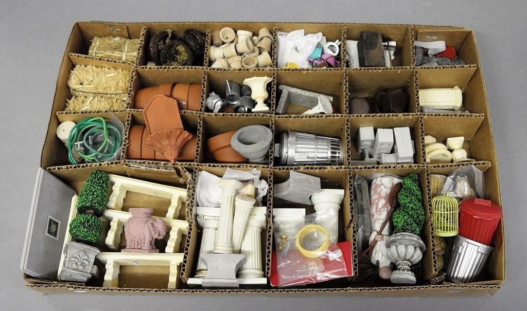 Large Lot of Dollhouse Garden Accessories: Nice selection of topiaries, pedestals, plant stands, benches, urns, gardening tools, bird cages, trash cans, cinder blocks, clay pots and planters, hoses, bird feeders, marble bench, watering cans, b