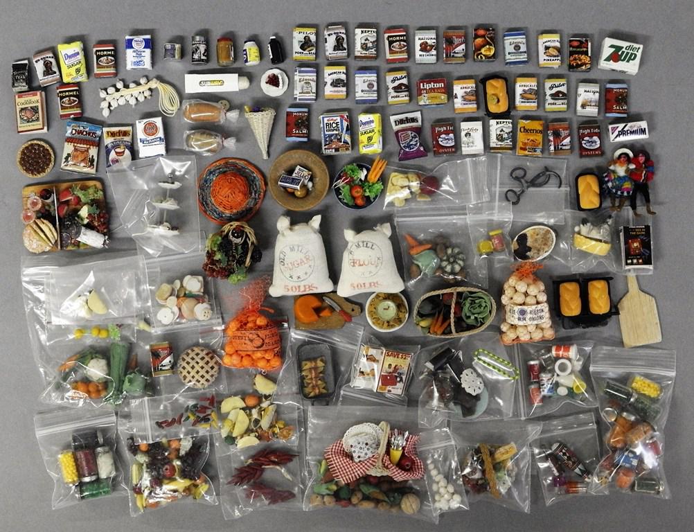 Dollhouse Foods & Accessories: Nice assortment of dollhouse sized advertising food boxes, cans and bags, lots of fruits and vegetables, canisters, sacks, baskets etc.