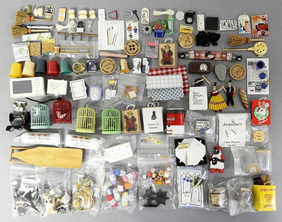 Small Dollhouse Accessories: large group of small accessories, bird cages, clocks, animals, yards and fabrics, bathroom supplies, microwave, shopping bags, tins, ironing board 4"L etc.