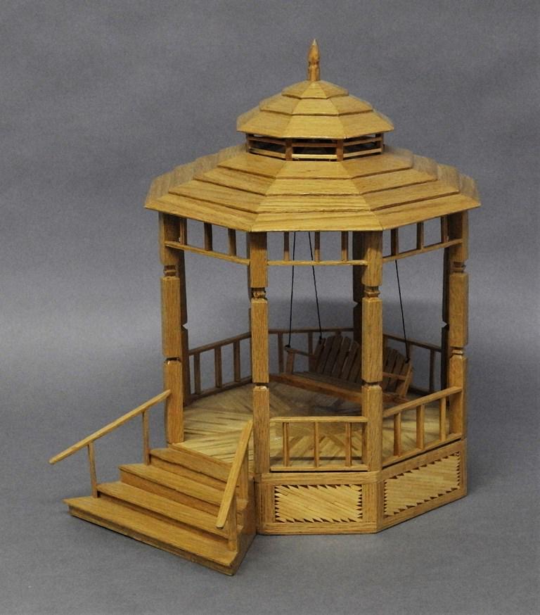 Dollhouse Gazebo Prison Art: Hand made raised wood gazebo with swing, contains hidden drawer behind steps, made by a prisoner at Lima Ohio Correctional Facility, 14"H, 13"D, 11"W