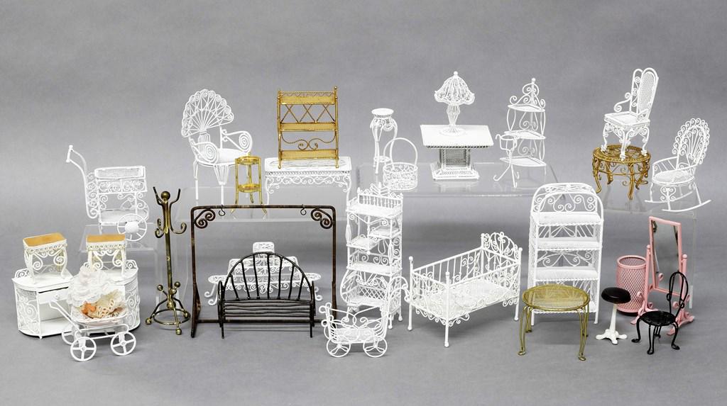 Dollhouse Metal Furniture & Kits: Assortment of metal wire dollhouse furniture including baker's rack 5.5"H, Realife Miniatures Country Store Accessories Kit disassembled in original box, assortment of unassembled furniture and access