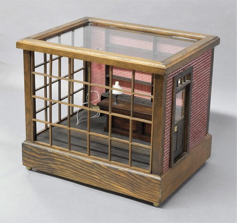 Dollhouse Country Store Room Box: Nicely made small one room store box with removable roof and opening door, includes counter and shelves, electrified for lights, 14"W, 12"H, 11"D