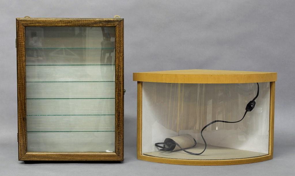 Dollhouse Room Box & Display Case: Small corner room box with removable roof, electrified with ceiling light, 16.5"W, 10"H, 12"D, hanging display case with hinged front door and six removable glass shelves, 17"H, 12"W, 4"D