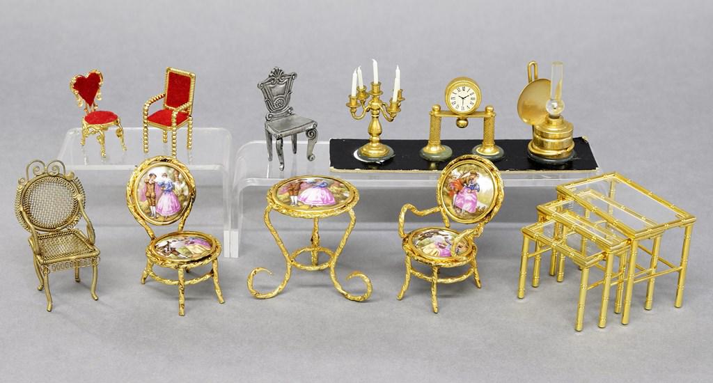 Dollhouse Limoges Furniture & Others: French brass and porcelain three piece Limoges set with table and two chairs 2.75"H, wirework chair 3"H, set of three nested end tables 2.5"W, solid brass clock, lantern and candelabra, three 1/2" sca