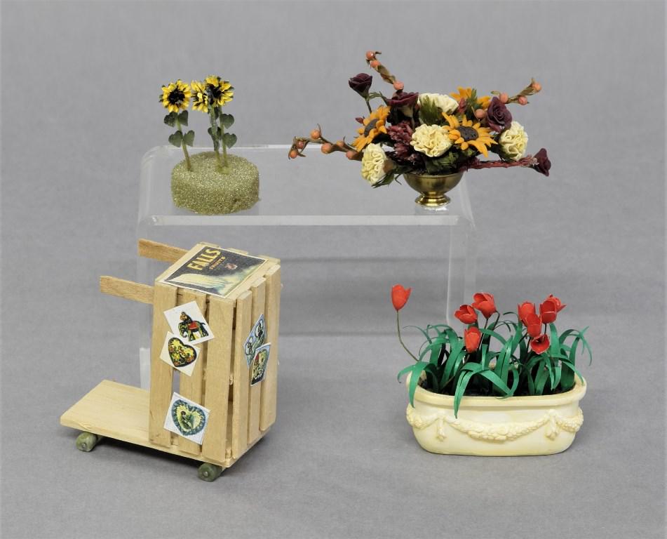 Dollhouse Plants & Scooter: Tulips in a cast planter signed Emma Holliday 2"L, three sunflower stems by Jacqueline's, arrangement in brass bowl, child's crate scooter