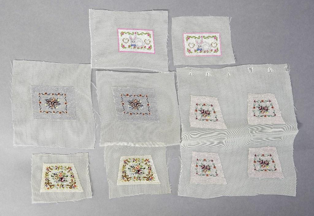 Ten Dollhouse Needlepoint Panels & Seat Covers: Four dollhouse needlework panels ready to be trimmed for your frames or screens, six needlepoint panels for slip seats