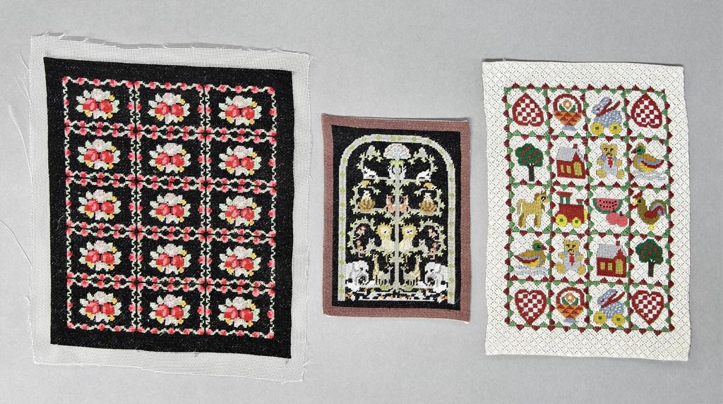 Dollhouse Needlepoint Coverlet, Tapestry & Rug: Dollhouse tapestry Tree of Life with animals 3 1/8" by 4 3/8", child's rug decorated with hearts and toys 4.25" by 6.5", coverlet ready to be trimmed, 5.5" by 6.5" finished