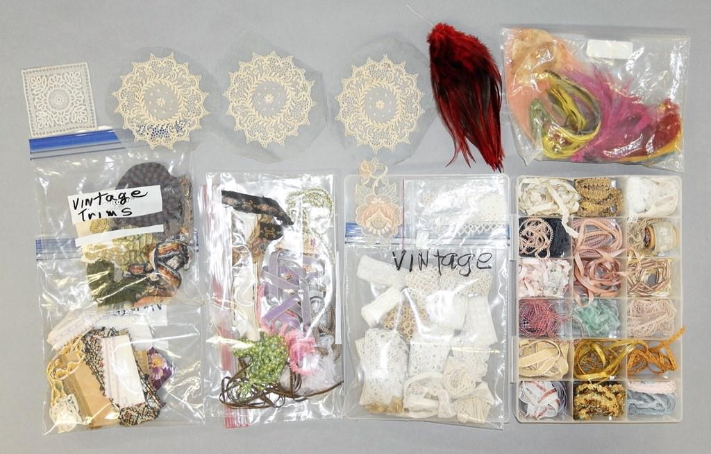 Dollhouse Lace & Carpets, Trims, Papers: Vintage pieces of lace, commercial rugs, trims, feathers, vintage postcards and trade cards, old paper