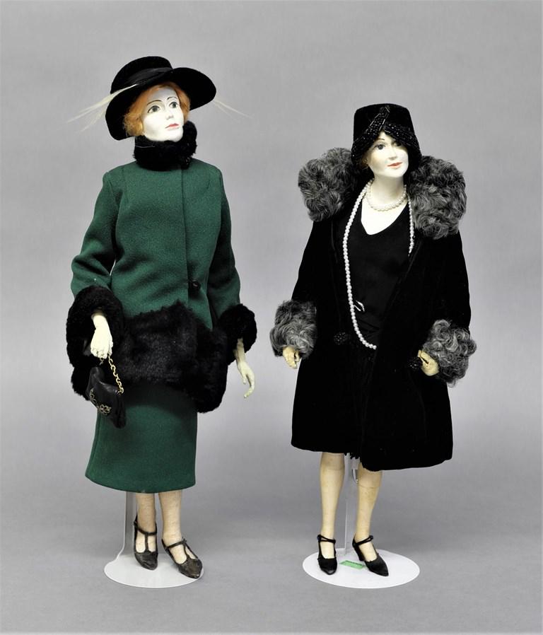 Two Alice Lochner Artisan Dolls: Two handmade dolls by Alice Lochner dressed in 1920's style hand made clothing and accessories, 14" and 15"H