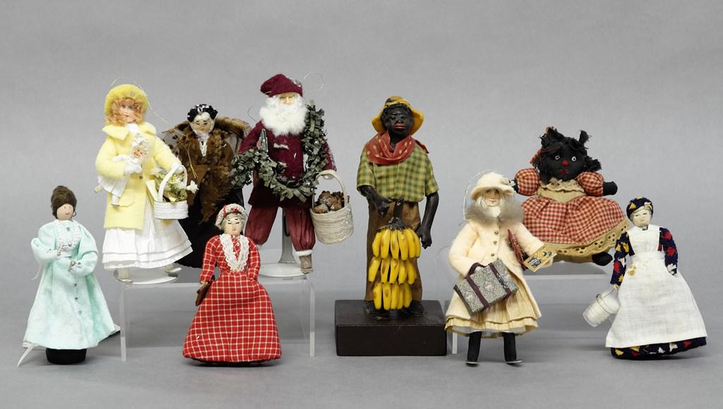 Hand Made Dollhouse Dolls: Three artisan dolls with paper faces, felt and crepe paper clothes signed illegibly 5.25"H, three cloth head dolls 4.25"H, wood clothes pin doll 4.75"H, vintage banana vender with damaged hat 6"H plus