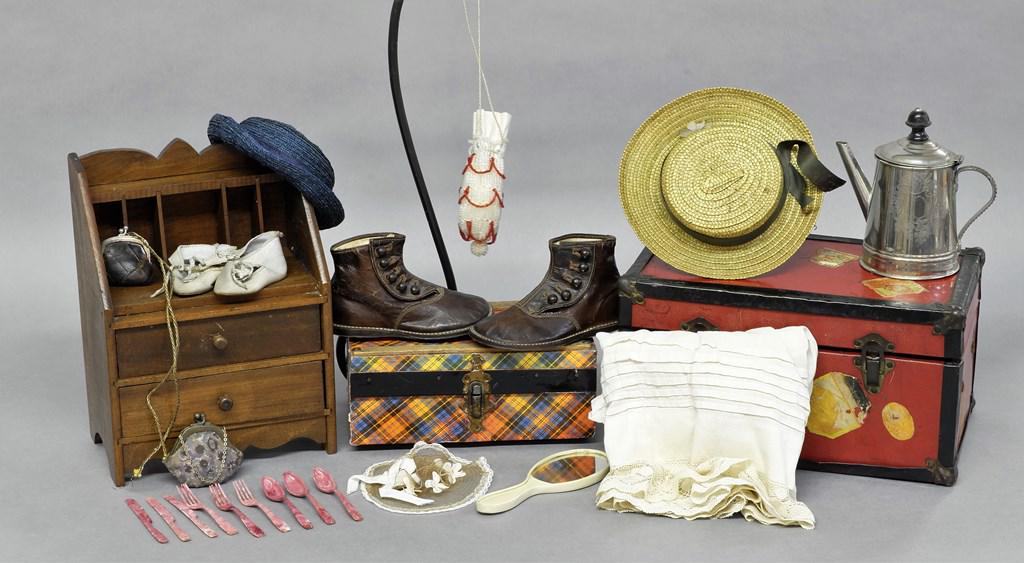 Vintage Doll Desk, Trunk & Accessories: Tin and wood doll trunk circa 1920's 11"W, paper covered wood box 8"W, leather Go-Well button up shoes 5.5"L, beaded purse, celluloid mirror 6"L, hats and slip, change purses and shoes, celluloid flat