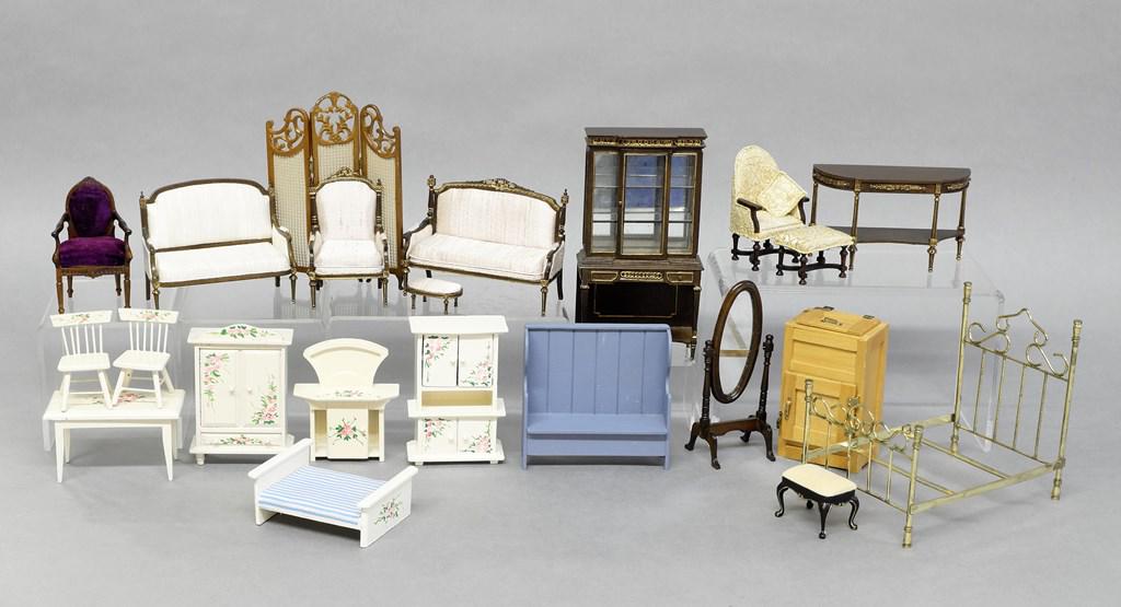 Bespaq & Others Dollhouse Furniture: Selection of 1" scale dollhouse furniture, Bespaq china cabinet 7"H, sideboard, loveseats, matching chair and ottoman and screen, also includes a brass bed, icebox, screen Victorian style armchairs an