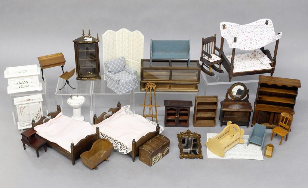 Assorted Dollhouse Furniture: Bespaq store display cabinet 6.5"W, Chippendale style mirror, French style corner china cabinet with loose leg, easel, hand painted child's changing table and armoire, Ed Whitten country pine china ca
