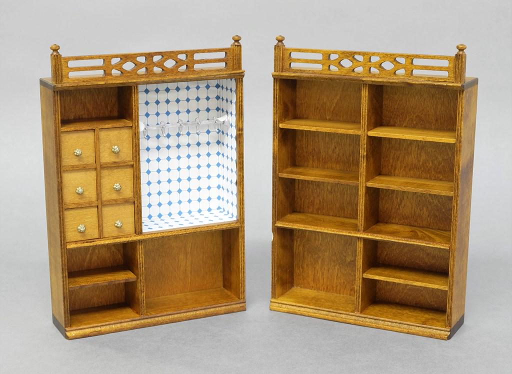 Dora Kuhn Dollhouse Store Fixtures: Pair of wood grocery store fixtures by Dora Kuhn 6.25" by 9.25"