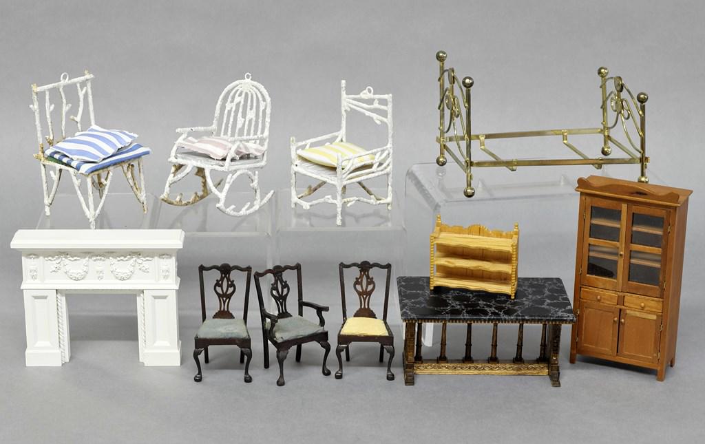 Assorted Dollhouse Furniture: D.V. Kern cherry china cabinet 6.5"H, 3.5"W, unsigned Elizabethan style table with faux painted top 5.5"W, cast fireplace mantel 5.5" by 4.5", three Xacto style Chippendale chairs 3.5"H, brass plated 