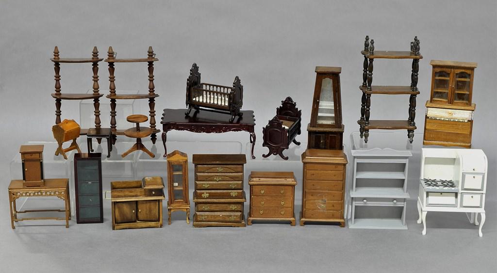 Assorted Dollhouse Furniture: Assorted dollhouse furniture, dressers, dining room table cradles, stove, three piece French style bedroom set, dry sink, sewing stand, curio cabinets etc.