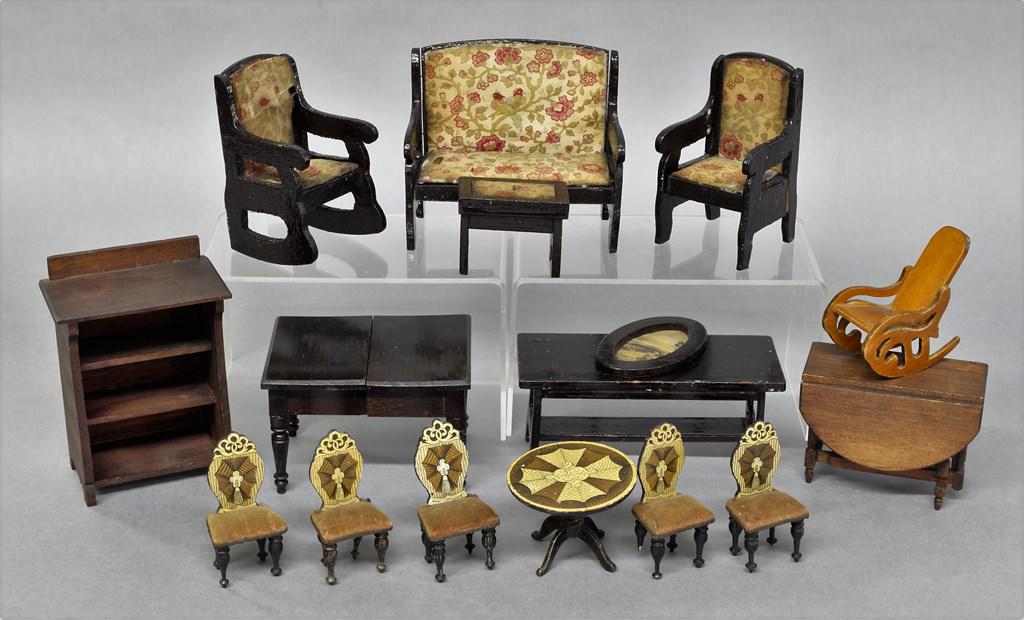 Antique German Dollhouse Furniture: Antique German Biedermeier style round table 2.5"D with five matching chairs 3"H with repainting, dining room table 4.5"W, repainted matching armchair, rocker and ottoman, repainted settee 5"W, repain