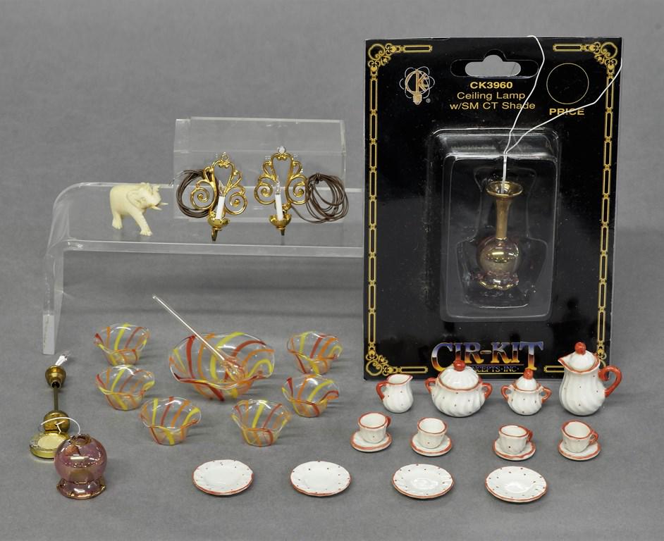 Assorted Dollhouse Accessories: Blown glass punchbowl 1.5"D with six cups and ladle, ceramic tea set, carved bone elephant 1"L, pair of electrified brass sconces 1.25"H by Small Time Operators D'LIGHTful Miniatures in original box, 