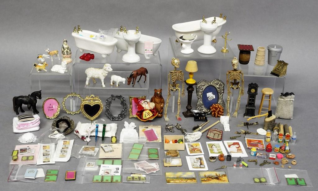 Large Assortment of Dollhouse Accessories: Miniature Picture Frames from .5" to 3.5", pedestal, checkerboard on barrel, postcards, magazines, advertising, assorted foods, vintage wood table lamp, cash register, umbrellas, weathervane, blanket