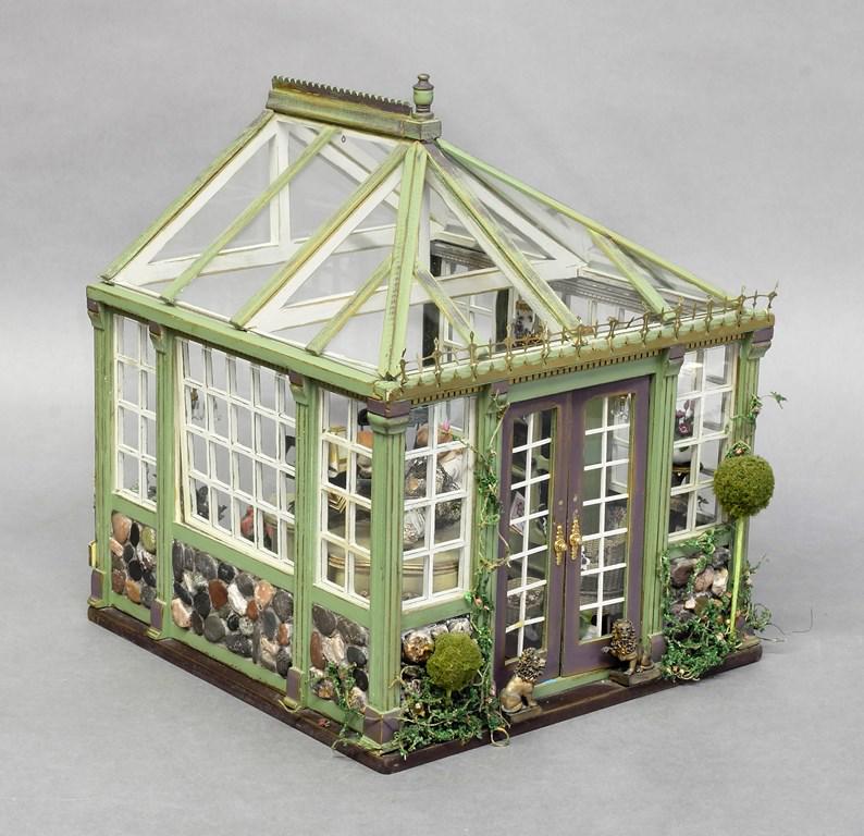 Dollhouse Music Room Solarium: Wood and glass solarium with stone trim, removable roof and opening front doors for access, includes piano player and singer in a nicely finished room with armoire, chairs, statues, musical instrument