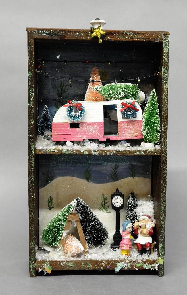 Christmas Dollhouse Room Box: Small room box made from an antique wood crate, signed illegibly on rear, 8.25"W, 16"H, 4"D