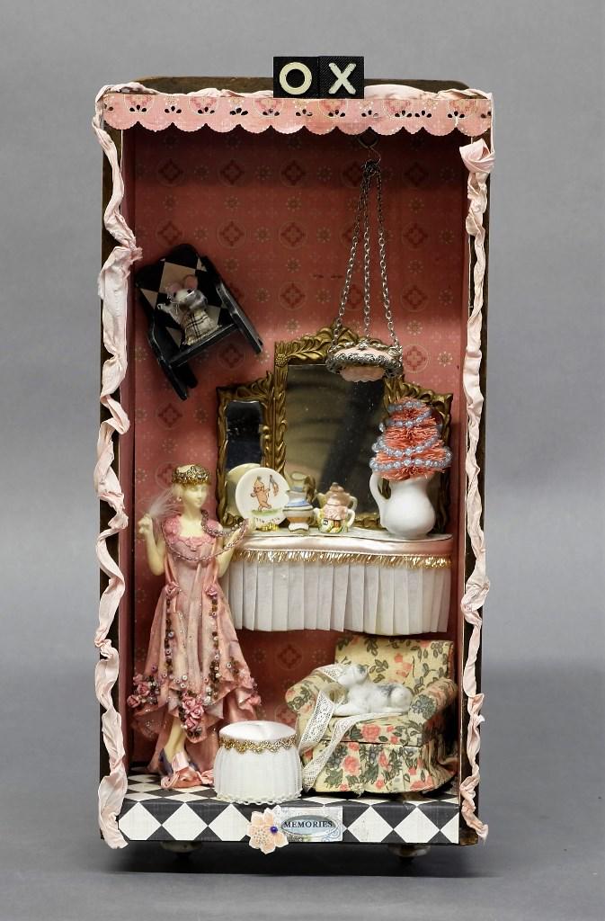 B. Charpenter Small Dollhouse Room Box: Small boudoir room box made from an antique wood drawer, contains a dressing table with mirror, armchair, bisque and china accessories, 6.5"W, 15"H, 4"D, signed B. Charpenter on back