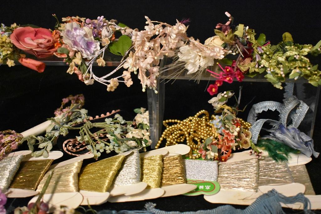 Vintage Flowers and other trim: Grouping of Vintage Sliver and Gold trim, flowers, early floral drape, very decorative, and some very rare for your French Doll