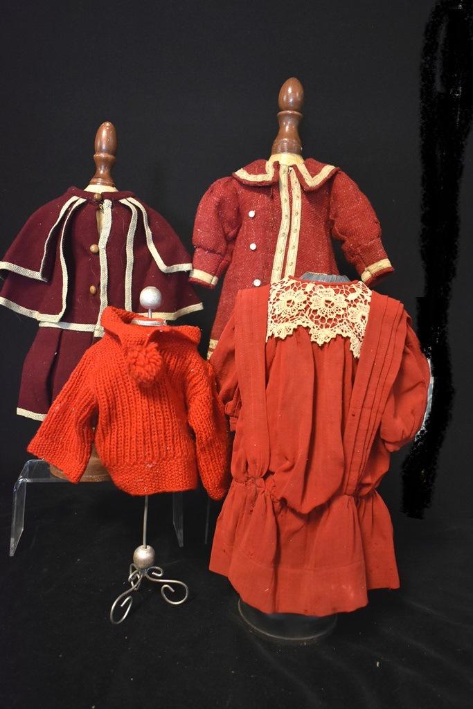 Vintage Doll Coats , dress & Sweater: Outstanding Five Vintage Doll clothing , two 11" Layered Coats Red and Beige, Wonderful Sheared Red Dress, and Super Woolen Sweater Pom Pom