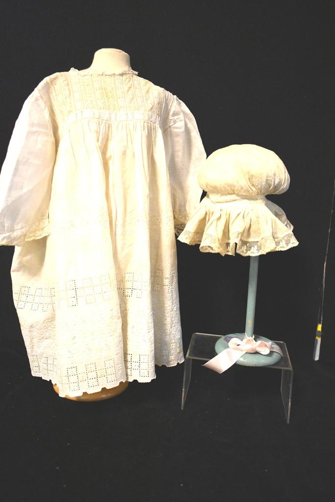 Victorian Childs Dress and Bonnet: Outstanding Chides White Victorian Dress with embroidery on bottom, together with wonderful Childs Bonnet with full lace around. 18" dress, 5" bonnet