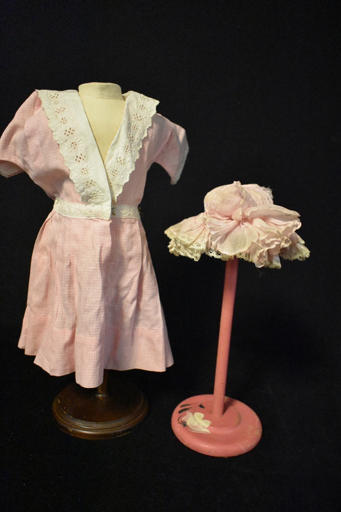 Pink Dress and Victorian Hat: Lovely Pink Check Dress together with wonderful Victorian Hat with layers, 10" dress 3" hat.