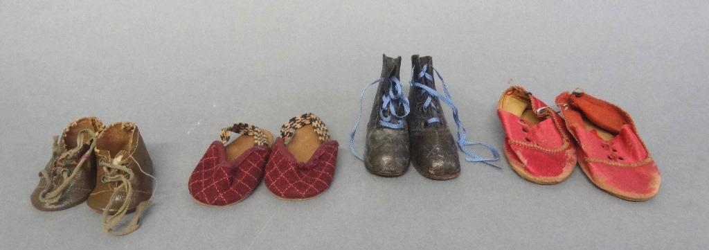 Vintage Doll Shoes: Four Pia\ of Vintage Doll Shoes, One leather and three fabric. 3" largest some show wear