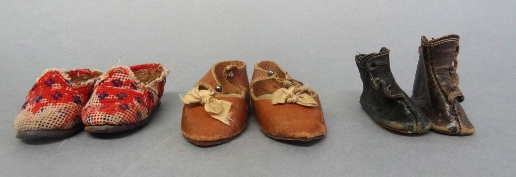 Vintage French Doll Shoes: Three pairs of Vintage French Doll shoes, one brown leather 3 3/4" with stamp of doll and Depose , Brown High Button with 2/13" marked , and a wonderful early petti-point slipper with leather bottoms,