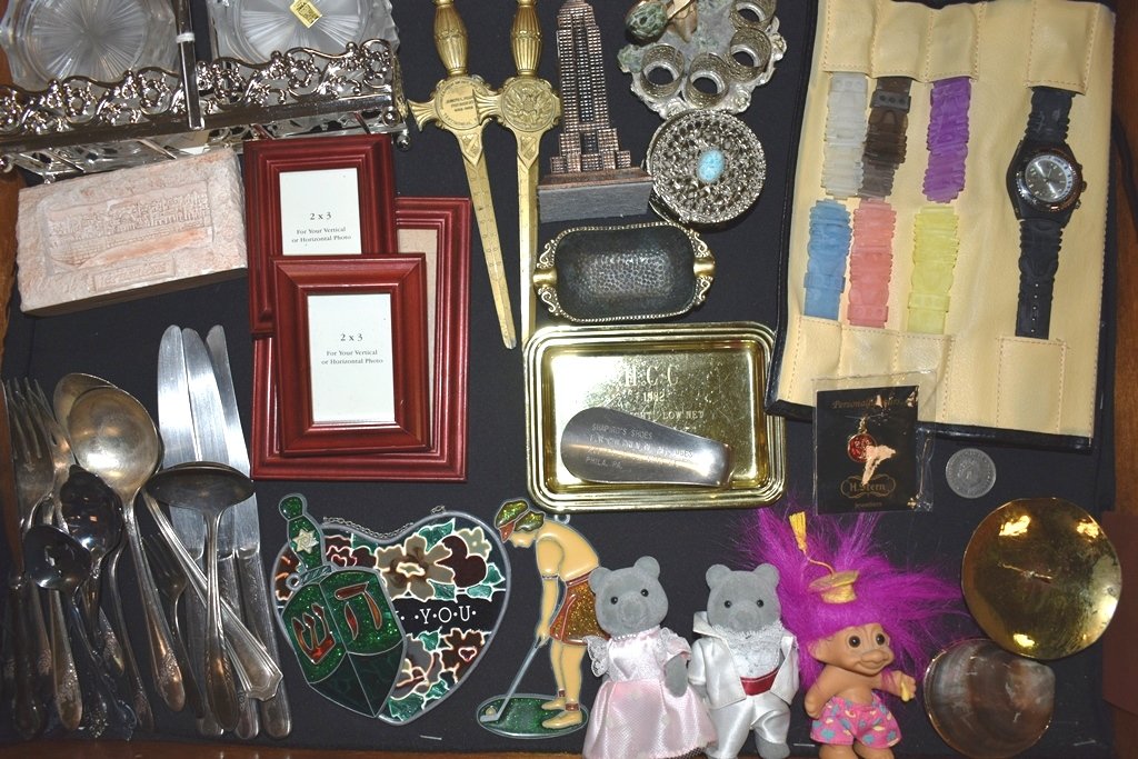 Costume Collectables: Troll doll, frames, silverware, watch, tray, box