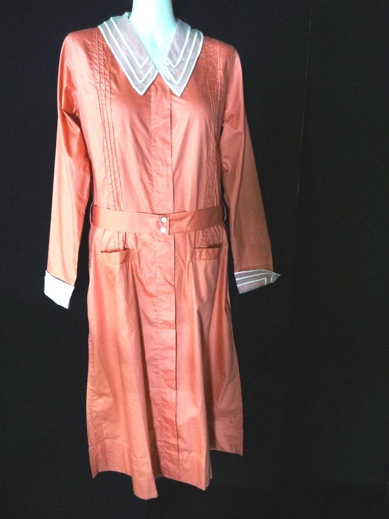 Cierise Cotton Work(Utility) Dress 1920's: Never worn Cerise cotton percale 1920's work dress. Could be waitress, maid's, or other industry. Label is John Wanamaker, till has original price tag, collar & cuffs are white organdy w/organdy strip