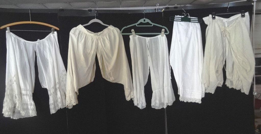 Six Pieces Victorian Split Draws: All are assorted cottons all have embroidered legs, as found, all need refreshing