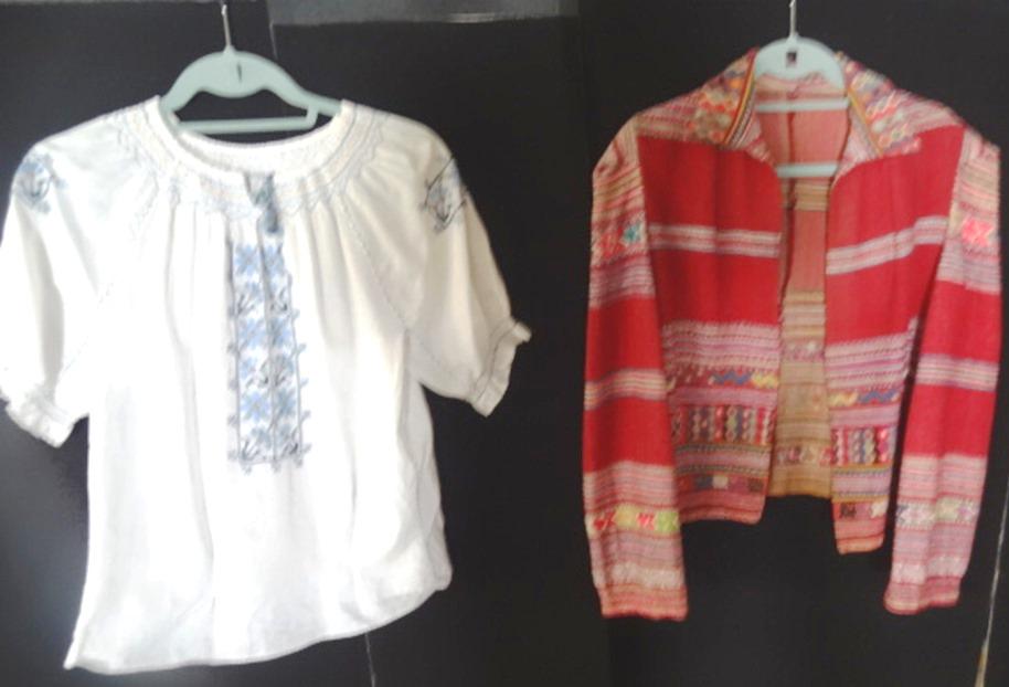 Two Pieces Imported Vintage Blouse and Jacket: Czech embroidered cotton blouse and hand embroidered stripe jacket original unknown, as found, very good condition