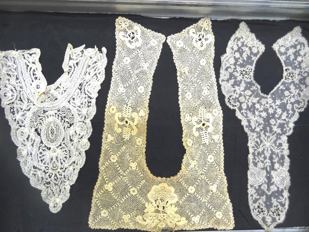 Three Piece Victorian Collars with Insertions (in case): #1 - Dextra fine handmade Battenberg neck collar with bodice insertion, very small damage at one side of back of collar edging, beautiful #2 - Beige Irish lace sailor collar style that become a V-neck