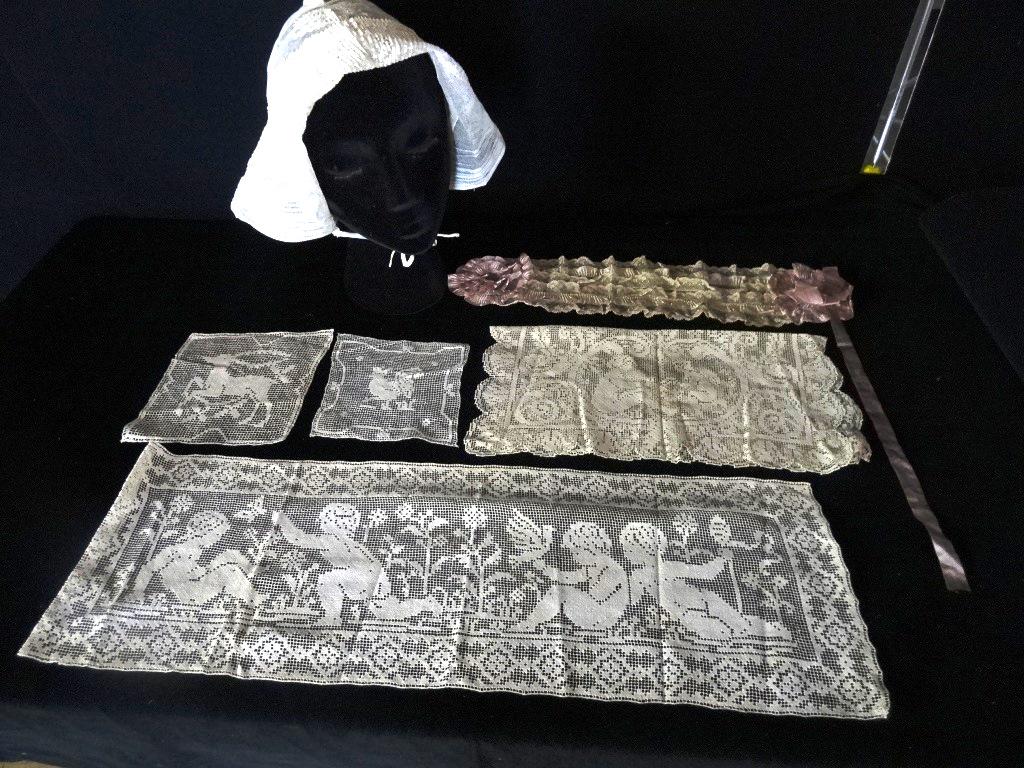 Six Pieces Victorian Lace Doilies (4) - 2 Night Cap in: Four lace Victorian doilies, 2 with cupids and 2 very small ones with 1 rooster and 1 deer each, condition very good, 1 ladies lace night cap w/lilac silk ribbon, ribbon condition is poor. On head for