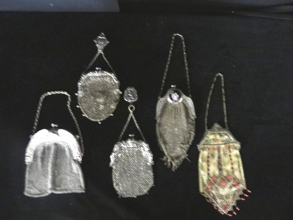 Victorian Silver Mesh Purses 5pc: Five Victorian Purses some with Chatelaine Mesh