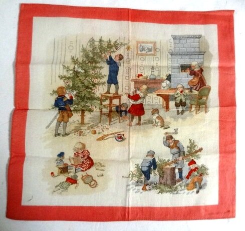 18th Century Childs Christmas Hankie: Rare Childs Hankie from Late 18th Century it is a Christmas Scene, with all Children and Tree, baking and more, Probably one of the finest styles ever made, it is in extraordinary condition 12 x 12 1/