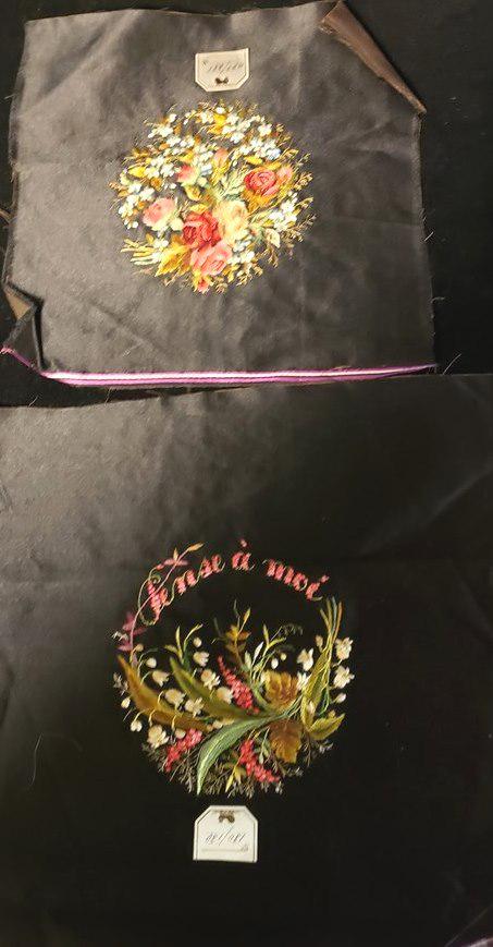Two elegant French Embroidery samples: Two Exquisite Workmanship as samples with French Tags, Largest if 9 x 10". With one Saying Peens a Moi` Think of Me Silk Embroidery Stunning has the original French Tags still intact