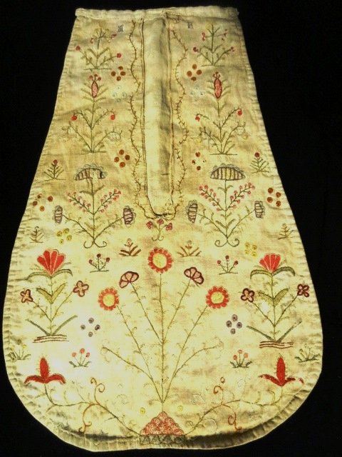 Early likely 18th Century Embroidery Pocket: Early likely 18th Century Embroidery Pocket with Botanical Motif, 17 1/2 x 12" Very Possibly American,